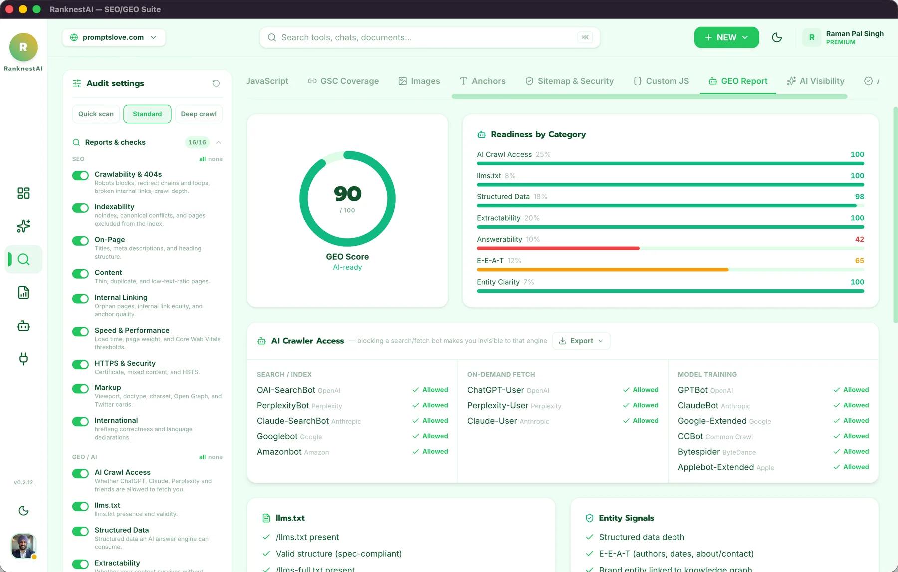 The RanknestAI GEO report with the AI Crawler Access panel listing search, on demand fetch and model training bots and whether each one is allowed.