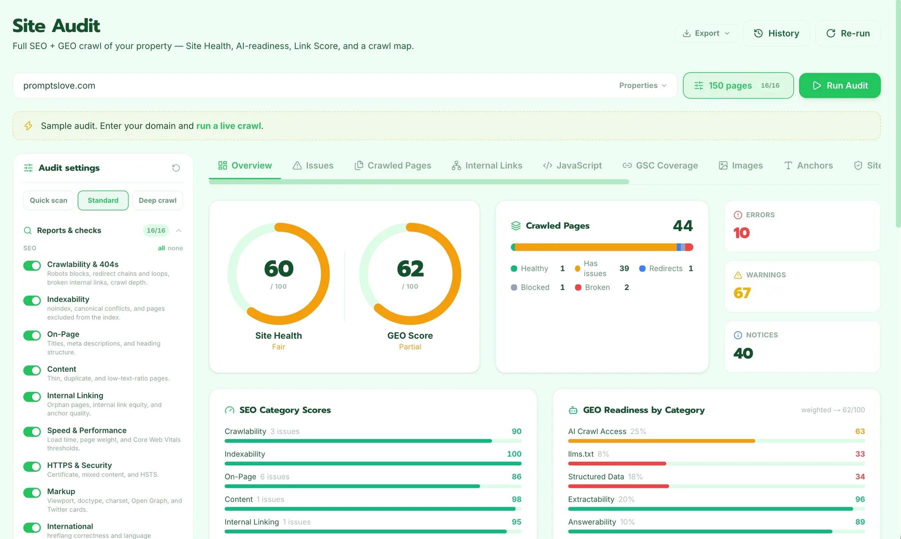 The RanknestAI audit overview showing a Site Health score of 60, a GEO score of 62, crawled page counts, SEO category scores and GEO readiness by category.