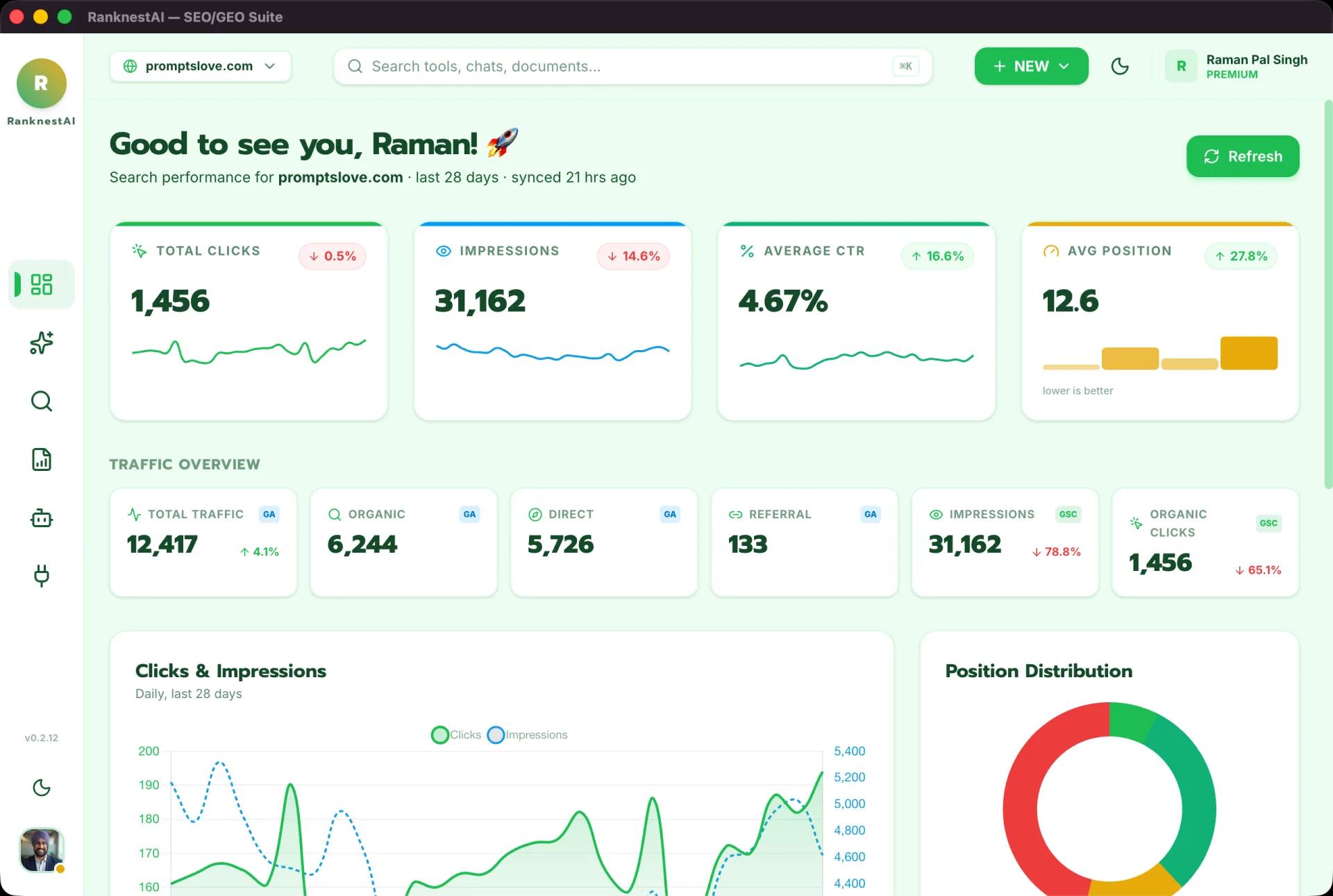 The RanknestAI dashboard with Search Console data pulled in
