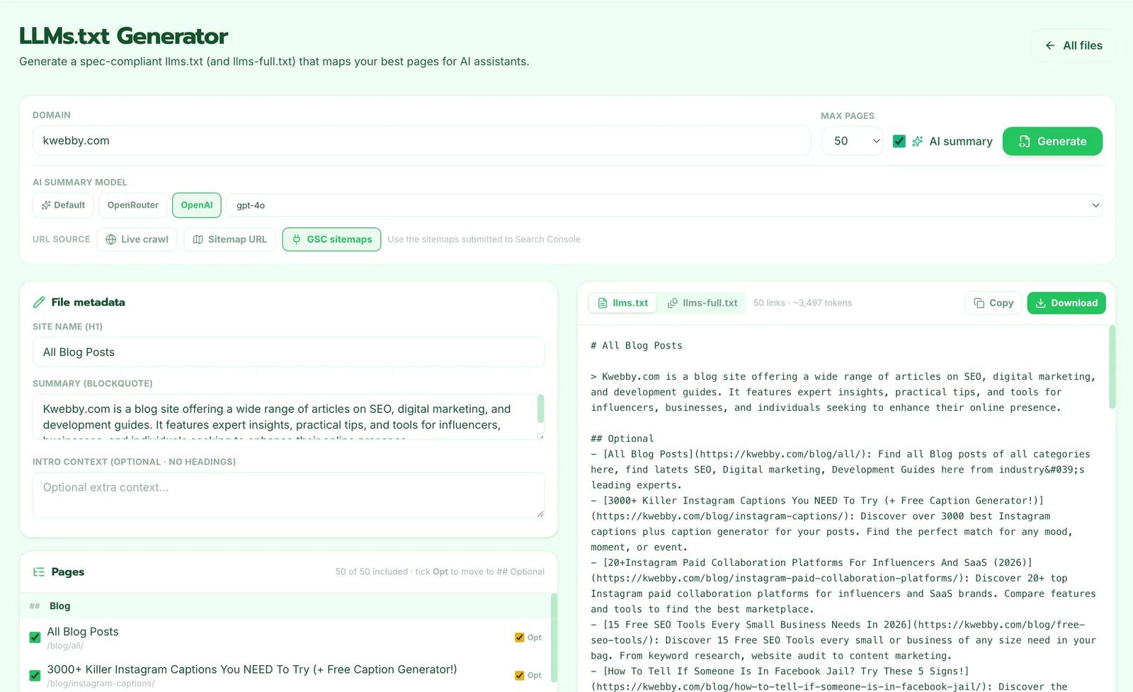 The llms.txt generator with domain, page limit and AI summary model on the left and the generated llms.txt file on the right, ready to copy or download.