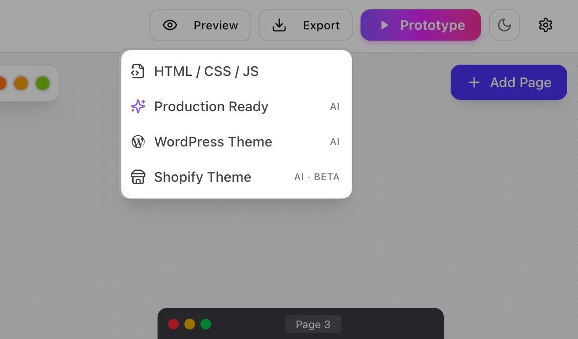 The UIPitch export menu open, listing HTML / CSS / JS, Production Ready, WordPress Theme, and Shopify Theme