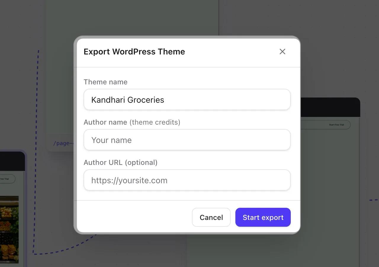 The Export WordPress Theme dialog, with fields for the theme name, the author name for theme credits, and an author URL